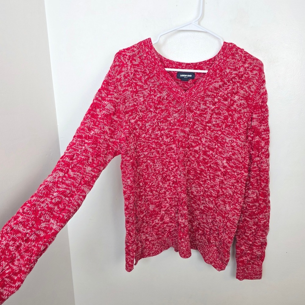 Lands' End Red White Cotton V-Neck Chunky Cable Knit Winter Outdoor Sweater Sz M